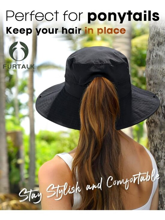 〽️Women Black Ponytail UPF 80+ Wide Brim Packable Cowboy Hat Beach Sun Hat main image 5